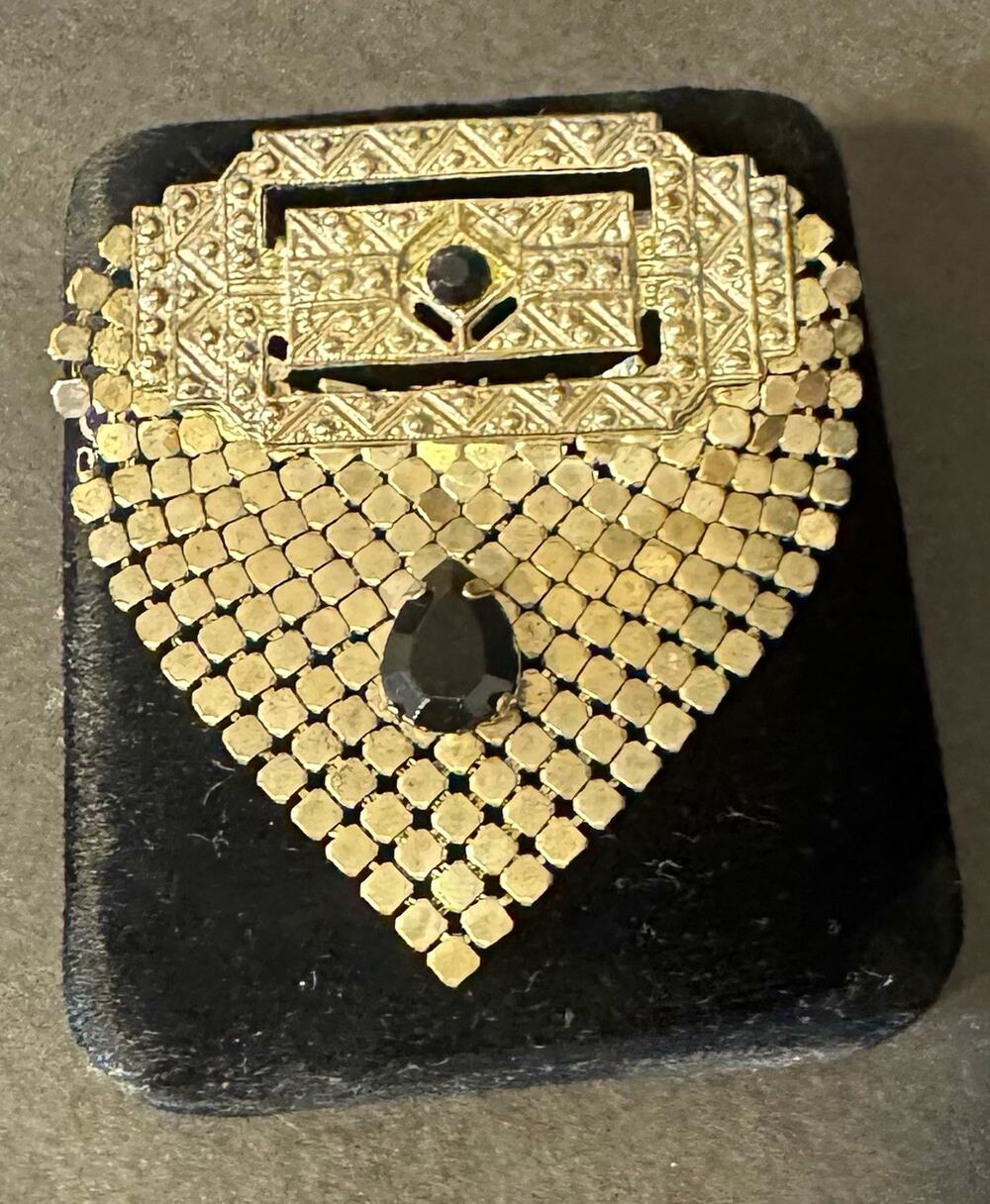 Vintage Art Deco Mesh Shield Brooch Gold Tone Black Glass Teardrop Pin Bib 1930s